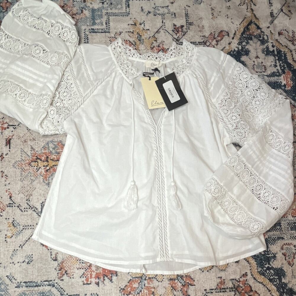 ELAN NWT White Crochet Lace Peasant Blouse Boho Tassel Cotton Top Small $132